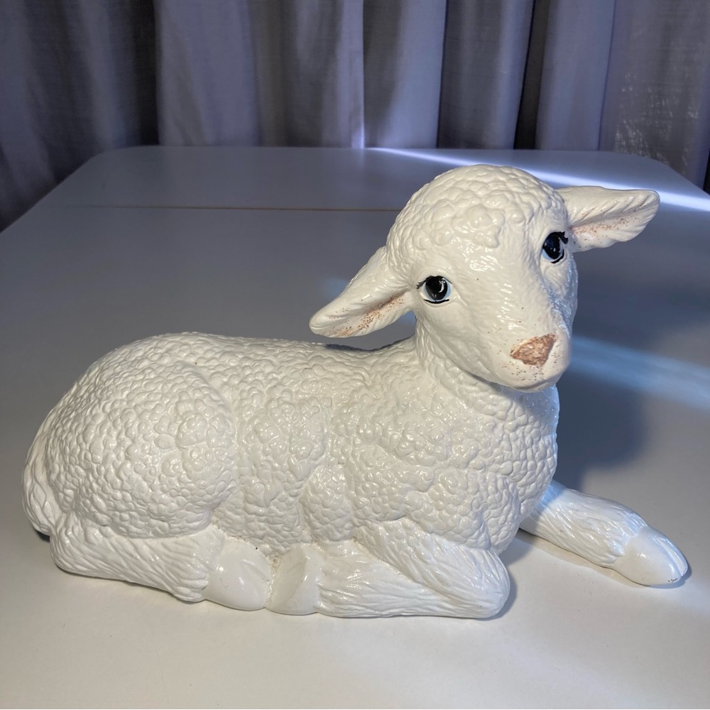 Cute White Lamb Sheep Ceramic Figurine Holiday Outdoor Nativity Christmas Decor